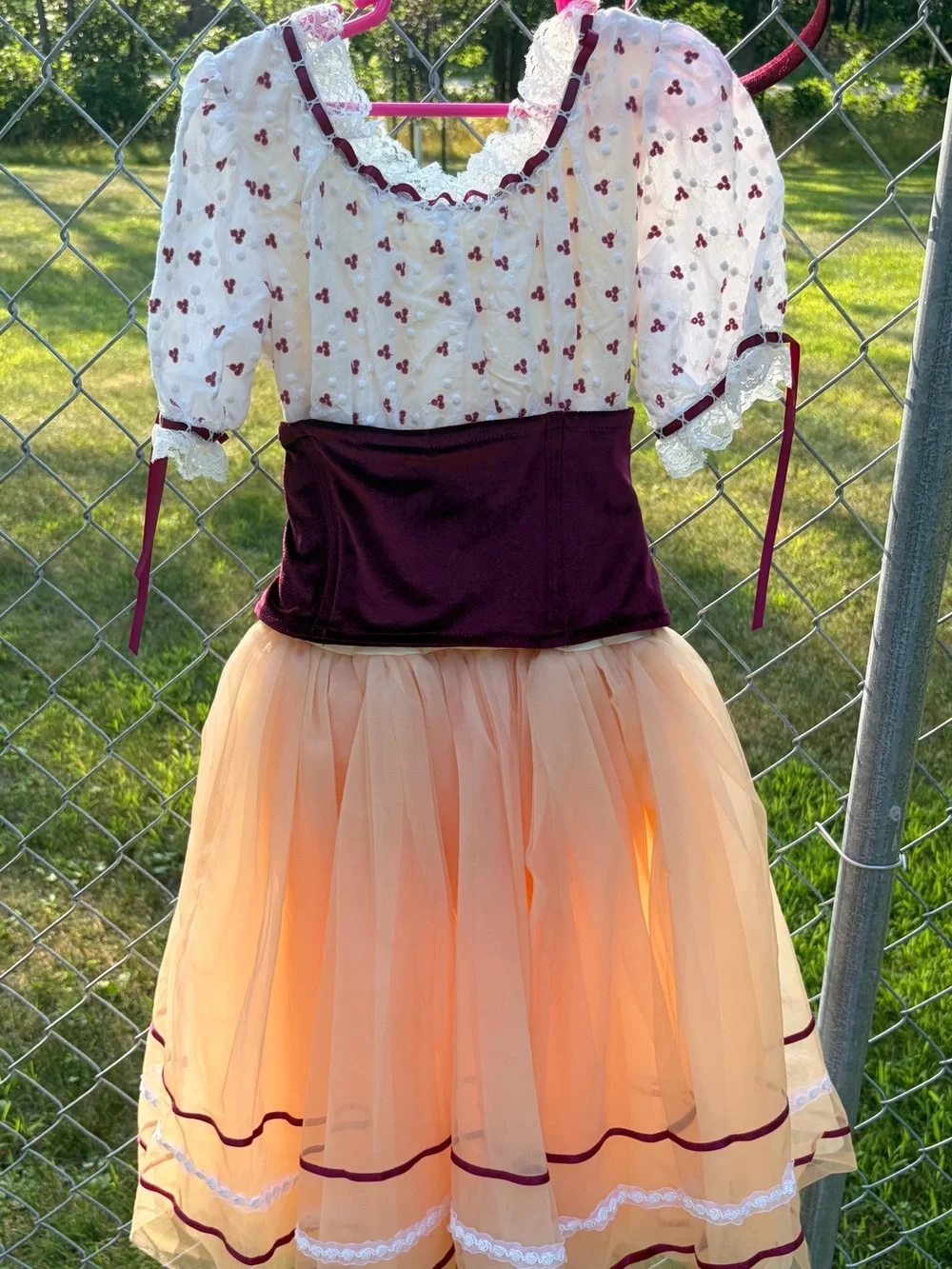Girls Peach Tulle Dance Costume with Burgundy Bodice
